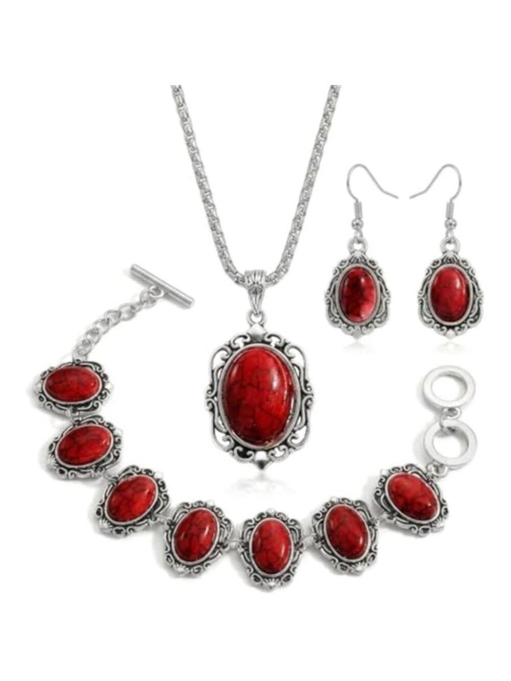 Western Red Stone 3PC Jewelry Set Silver Tone